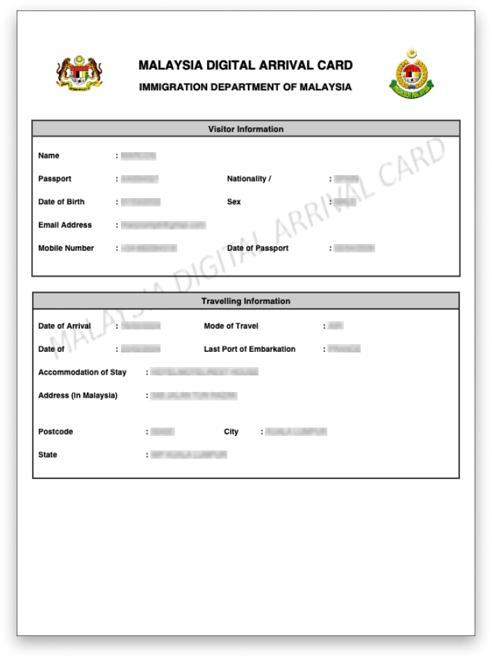 马来西亚数字入境卡 MDAC 资料示意图，个人信息已隐去